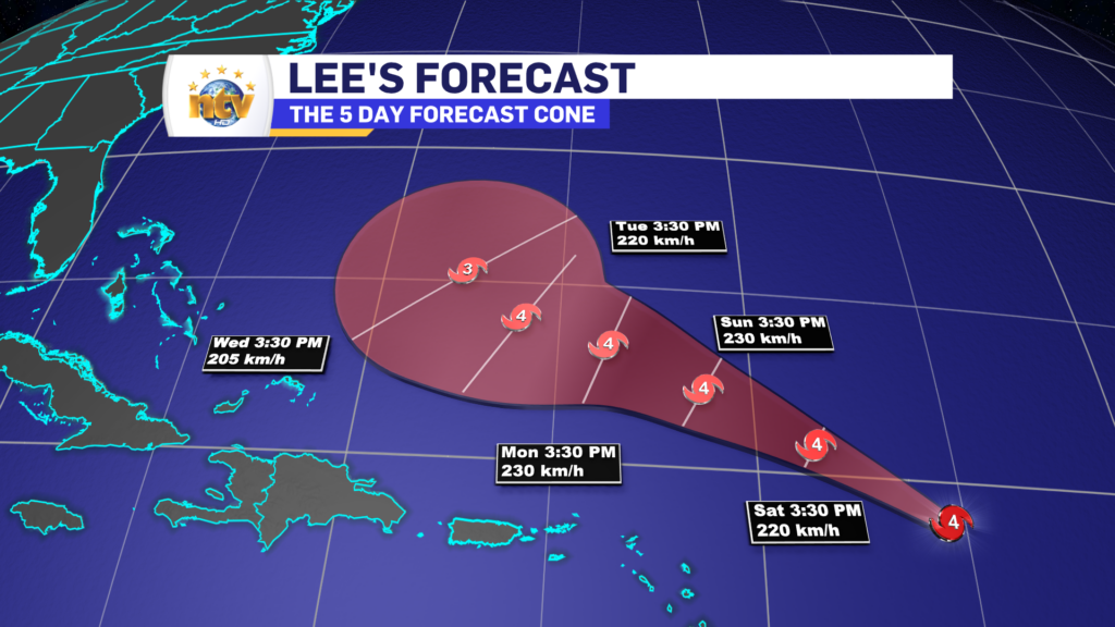 Hurricane Lee's 5 day forecast cone. The storm will remain strong and track north of the Caribbean Islands before slowing