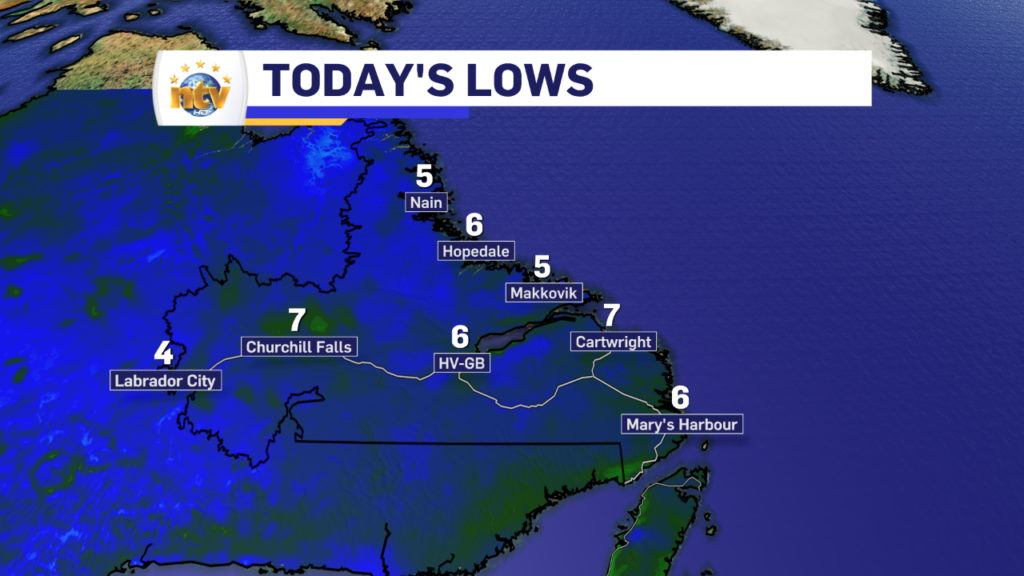This is a map of today's morning low temperatures across Labrador, for September 26, 2023.