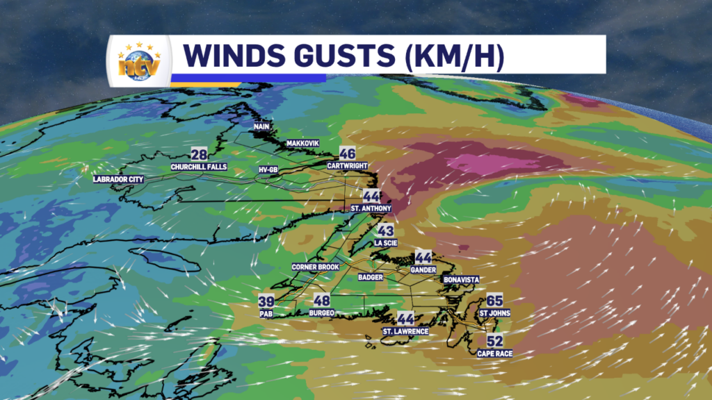 Wind gusts across NL as of 630 AM this morning.