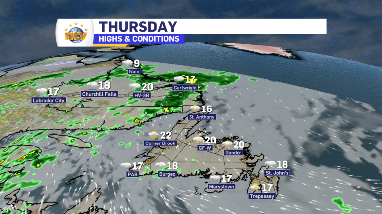 Today's forecast for Newfoundland and Labrador. Teens across the board. Cloudy and drizzly on the Island, rain in the Big Land.