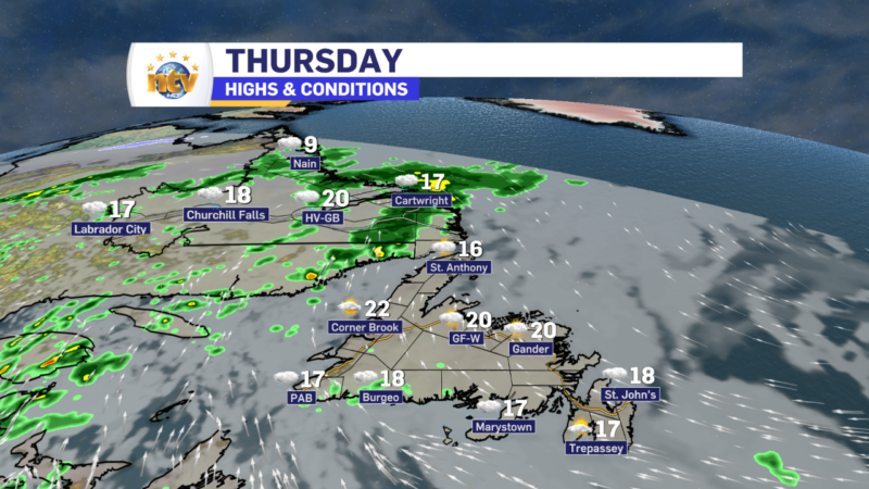 Today's forecast for Newfoundland and Labrador. Teens across the board. Cloudy and drizzly on the Island, rain in the Big Land.