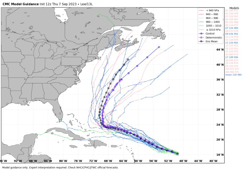 The ensemble plots for Hurricane Lee show a wide envelope of possible outcomes from the Grand Banks to New England