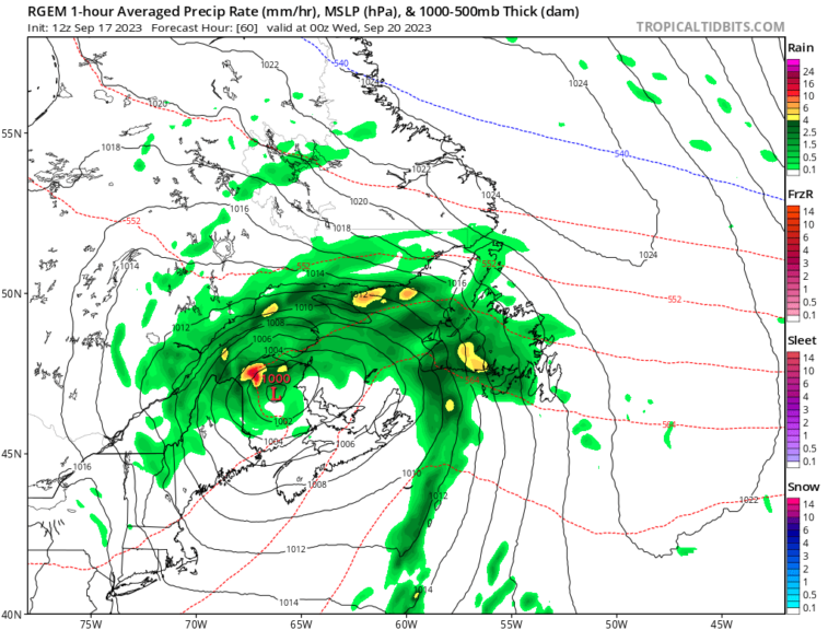 RDPS model shows rain working across the Island Tuesday afternoon and evening.